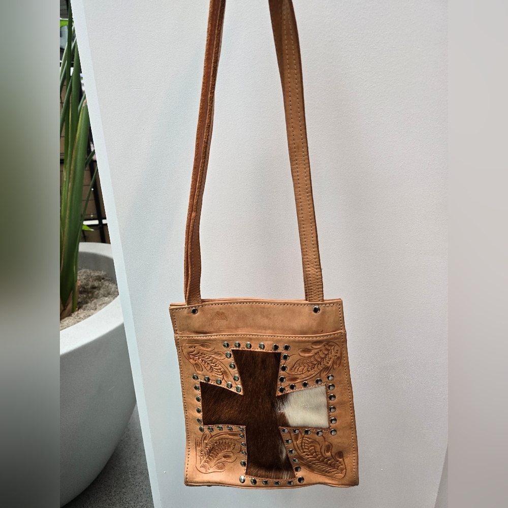 🍄Vintage Hand Tooled Leather Pony Hair Fur Shoulder Bag Grants Natural Paraguay